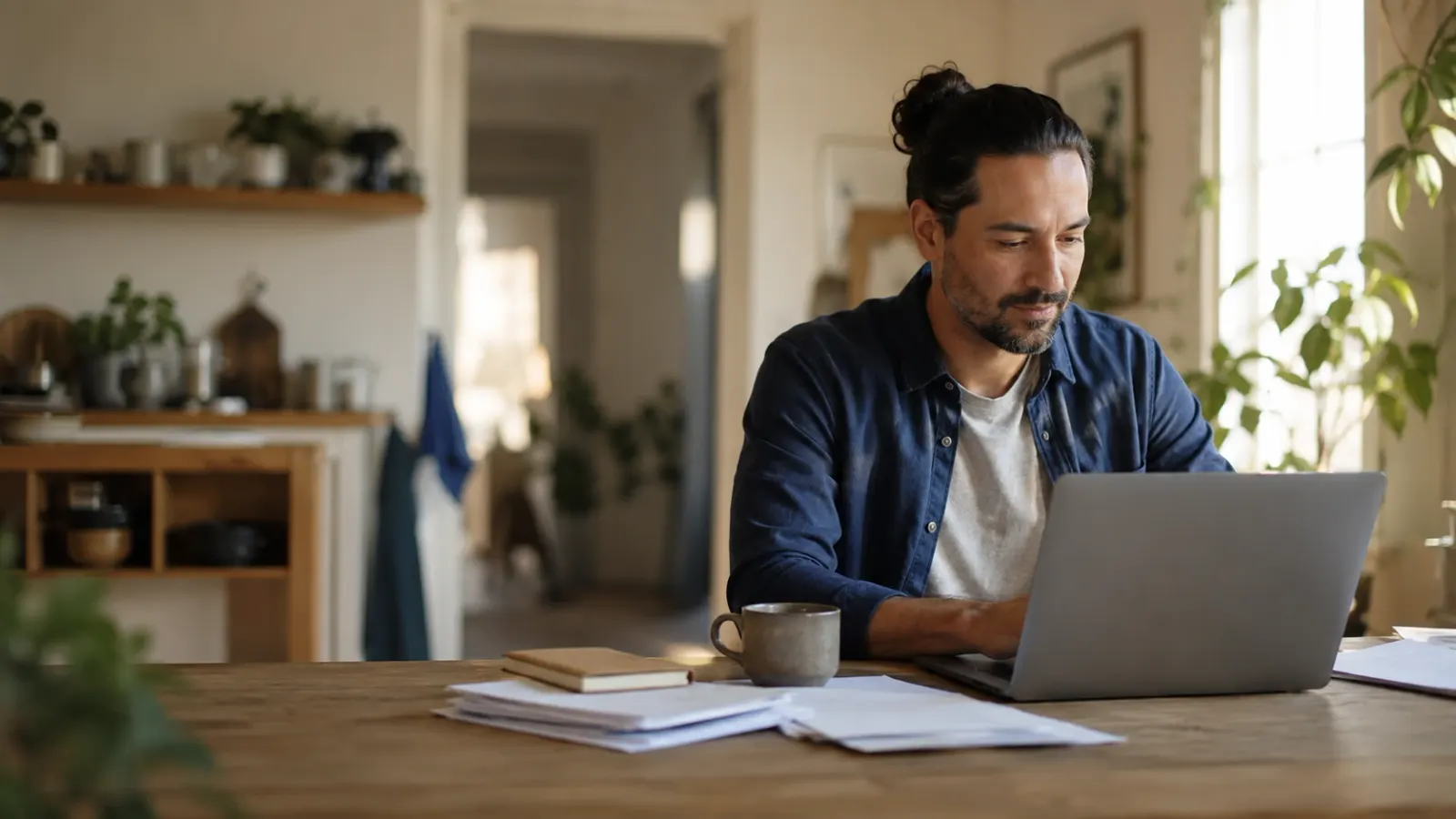 Self-employed homebuyer working at a sunlit kitchen table.